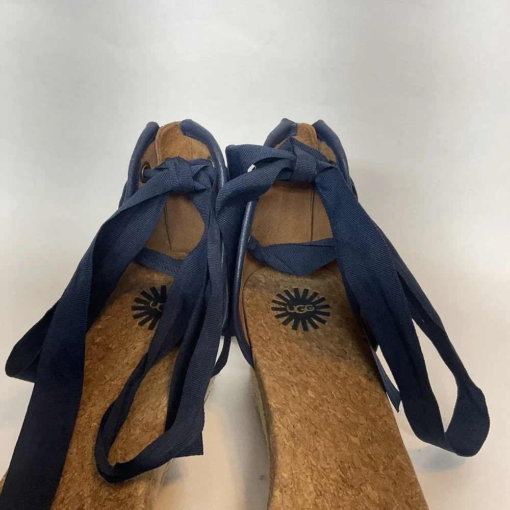Ugg Amell Espadrille Lace Up Cork Wedge Sandals Open‎ Toe Shoes 9,5 Denim Blue